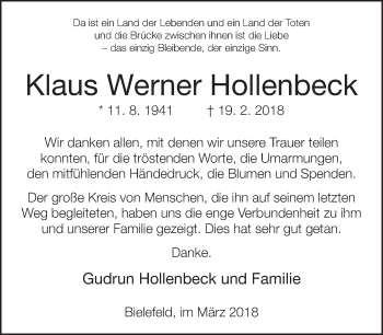 Traueranzeige von Klaus Werner Hollenbeck von Neue Westfälische