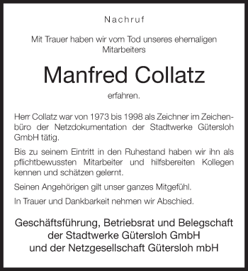 Traueranzeige von Manfred Collatz von Neue Westfälische