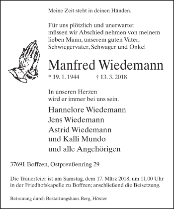 Traueranzeige von Manfred Wiedemann von Neue Westfälische