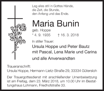 Traueranzeige von Maria Bunin von Neue Westfälische