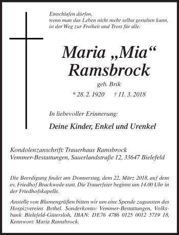 Traueranzeige von Maria Ramsbrock von Neue Westfälische