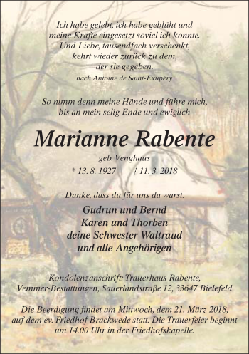 Traueranzeige von Marianne Rabente von Neue Westfälische