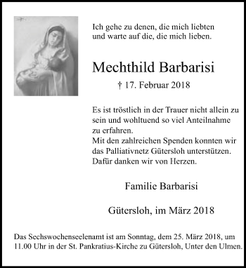 Traueranzeige von Mechthild Barbarisi
