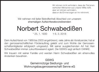 Traueranzeige von Norbert Schwabedißen von Neue Westfälische