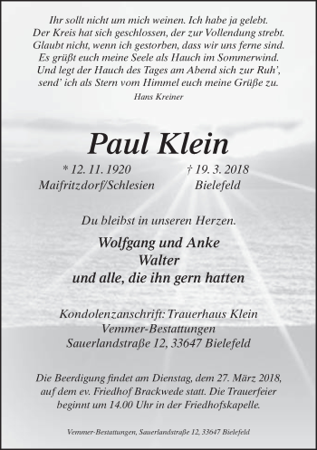 Traueranzeige von Paul Klein von Neue Westfälische