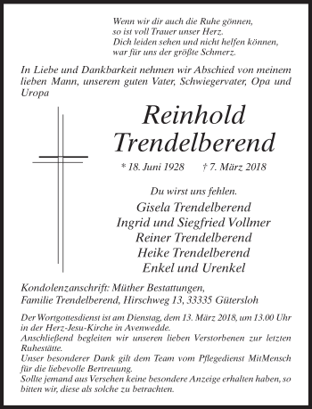 Traueranzeige von Reinhold Trendelberend von Neue Westfälische