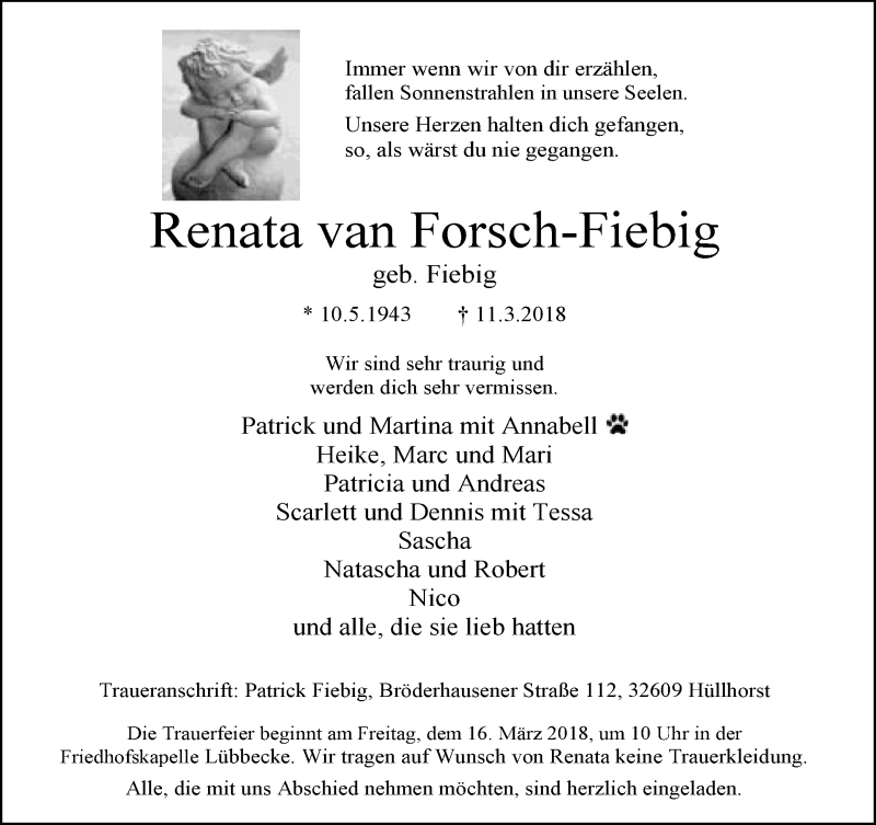  Traueranzeige für Renata van Forsch-Fiebig vom 14.03.2018 aus Neue Westfälische