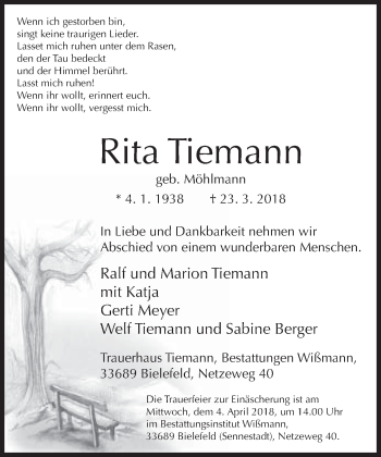 Traueranzeige von Rita Tiemann von Neue Westfälische