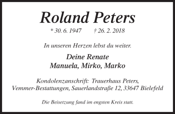 Traueranzeige von Roland Peters von Neue Westfälische
