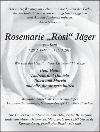 Traueranzeige von Rosemarie  Jäger von Neue Westfälische