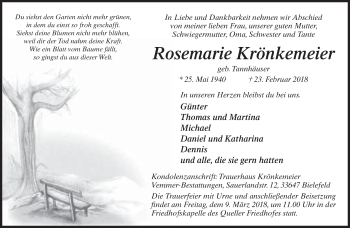 Traueranzeige von Rosemarie Krönkemeier von Neue Westfälische