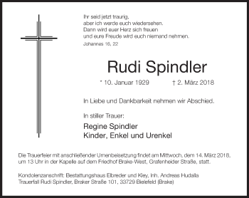 Traueranzeige von Rudi Spindler von Neue Westfälische