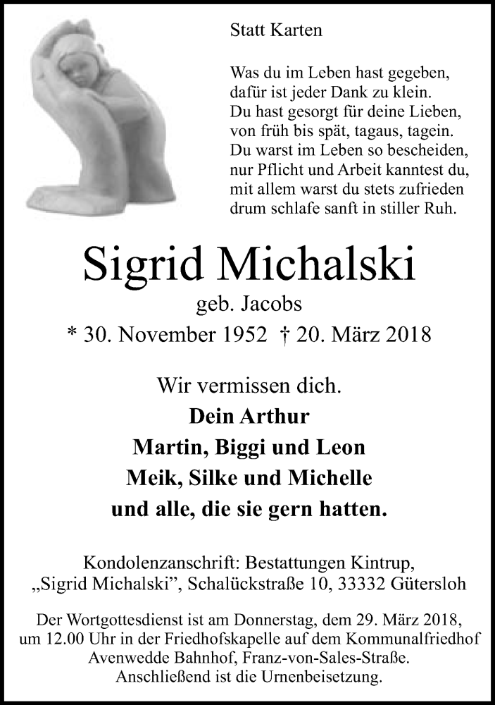  Traueranzeige für Sigrid Michalski vom 24.03.2018 aus Neue Westfälische