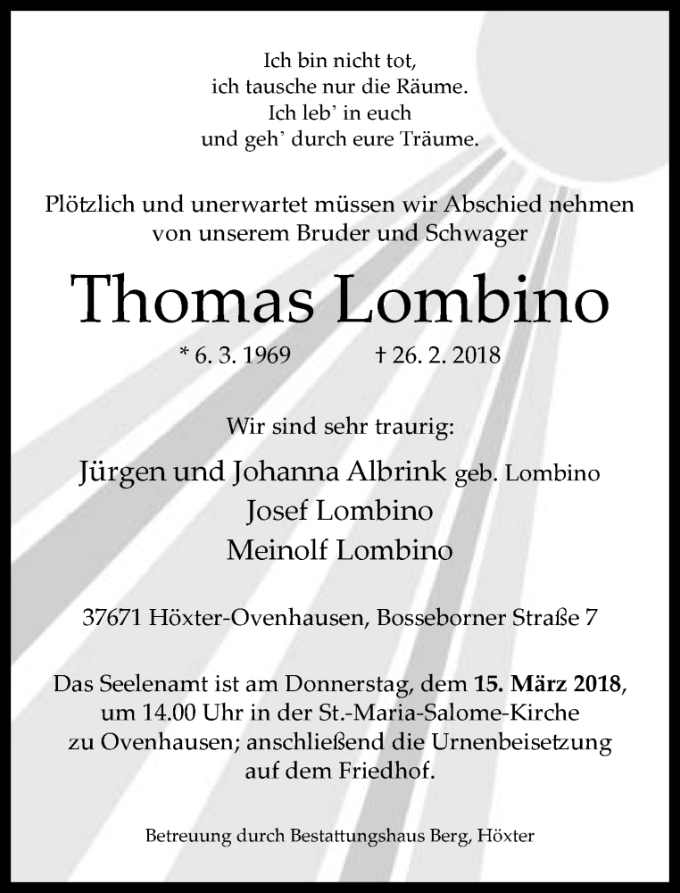  Traueranzeige für Thomas Lombino vom 01.03.2018 aus Neue Westfälische