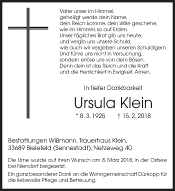 Traueranzeige von Ursula Klein von Neue Westfälische