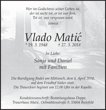 Traueranzeige von Vlado Matic von Neue Westfälische