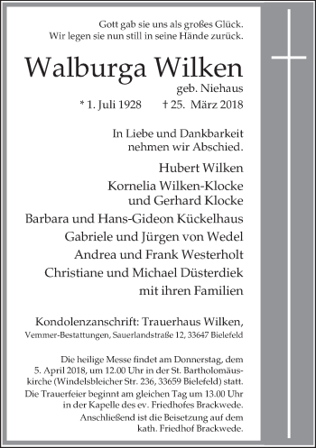 Traueranzeige von Walburga Wilken von Neue Westfälische