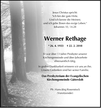 Traueranzeige von Werner Rethage von Neue Westfälische