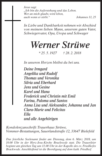 Traueranzeige von Werner Strüwe von Neue Westfälische