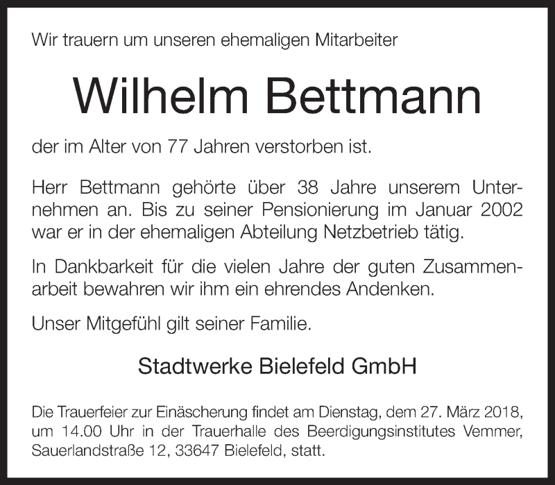  Traueranzeige für Wilhelm Bettmann vom 26.03.2018 aus Neue Westfälische