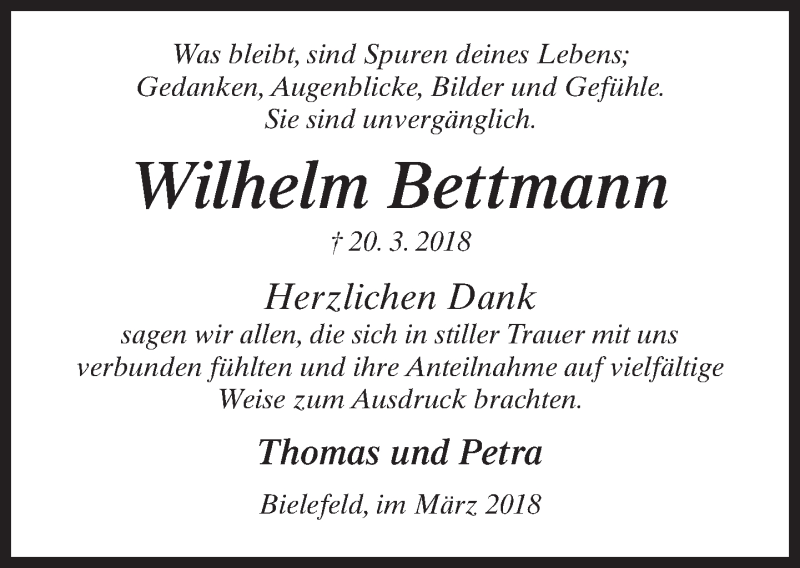  Traueranzeige für Wilhelm Bettmann vom 30.03.2018 aus Neue Westfälische