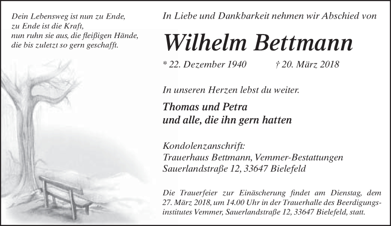  Traueranzeige für Wilhelm Bettmann vom 24.03.2018 aus Neue Westfälische