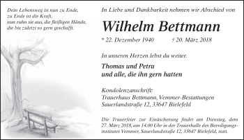 Traueranzeige von Wilhelm Bettmann von Neue Westfälische