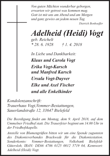 Traueranzeige von Adelheid Heidi Vogt von Neue Westfälische