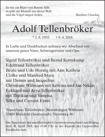 Traueranzeige von Adolf Tellenbröker von Neue Westfälische