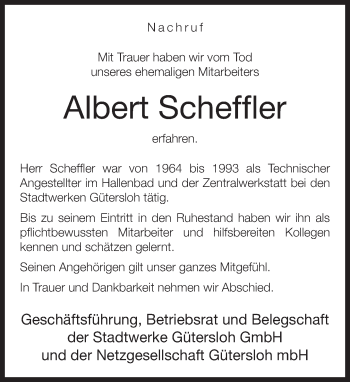 Traueranzeige von Albert Scheffler von Neue Westfälische