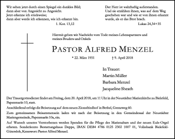 Traueranzeige von Alfred Menzel von Neue Westfälische