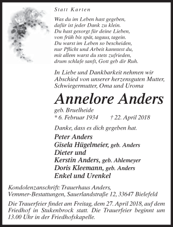 Traueranzeige von Annelore Anders von Neue Westfälische