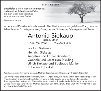 Traueranzeige von Antonia Siekaup von Neue Westfälische