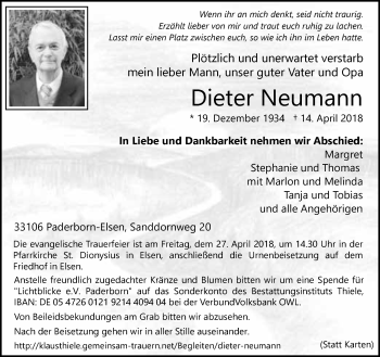 Traueranzeige von Dieter Neumann von Neue Westfälische