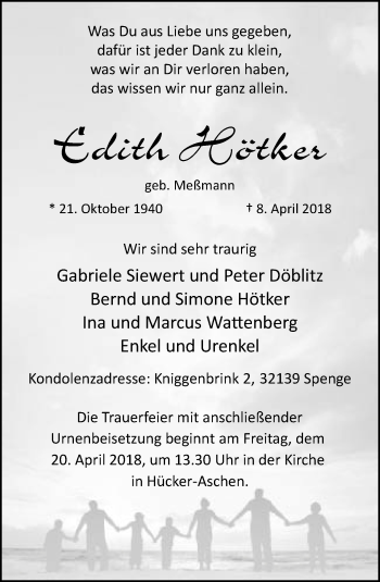 Traueranzeige von Edith Hötker von Neue Westfälische