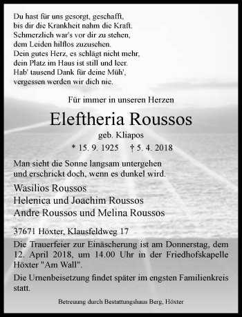 Traueranzeige von Elefthena Roussos von Neue Westfälische