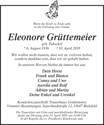 Traueranzeige von Eleonore Grüttemeier von Neue Westfälische