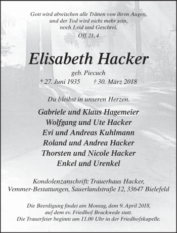 Traueranzeige von Elisabeth Hacker von Neue Westfälische