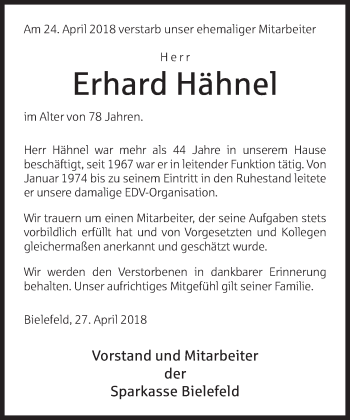 Traueranzeige von Erhard Hähnel von Neue Westfälische