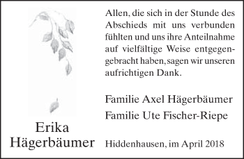Traueranzeige von Erika Hägerbäumer von Neue Westfälische