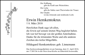 Traueranzeige von Erwin Hemkentokrax von Neue Westfälische