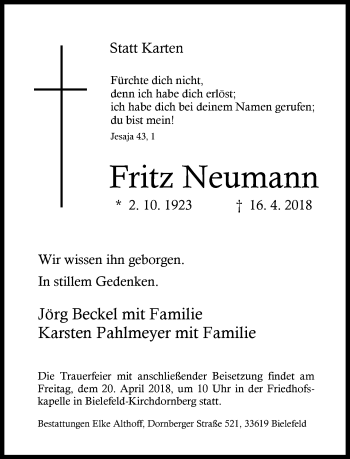 Traueranzeige von Fritz Neumann von Neue Westfälische