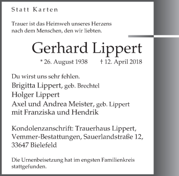 Traueranzeige von Gerhard Lippert von Neue Westfälische