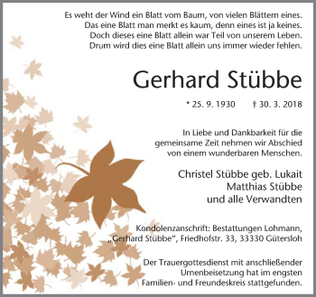 Traueranzeige von Gerhard Stübbe von Neue Westfälische