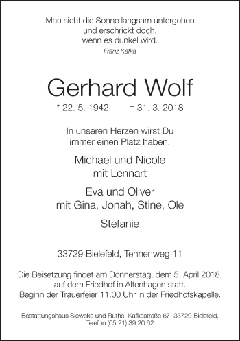 Traueranzeige von Gerhard Wolf
