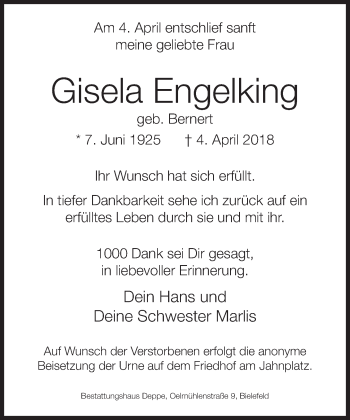Traueranzeige von Gisela Engelking von Neue Westfälische