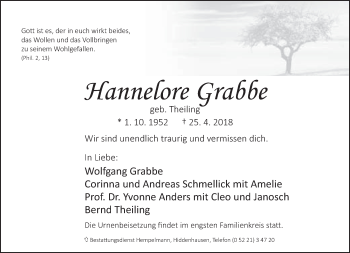 Traueranzeige von Hannelore Grabbe von Neue Westfälische