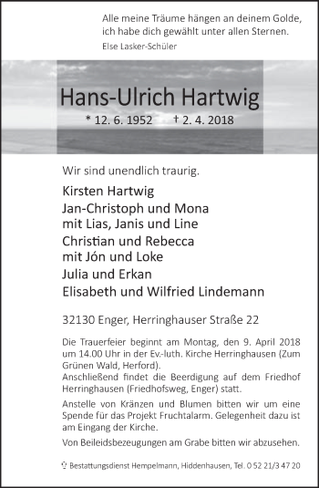 Traueranzeige von Hans-Ulrich Hartwig von Neue Westfälische