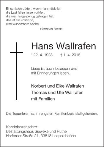 Traueranzeige von Hans Wallrafen von Neue Westfälische