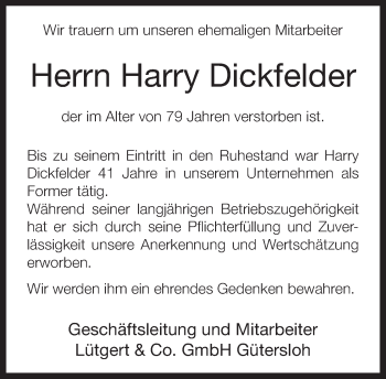 Traueranzeige von Harry Dickfelder von Neue Westfälische